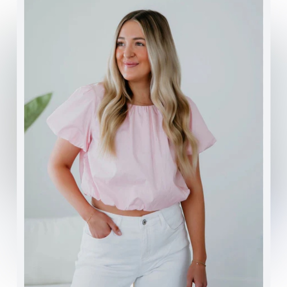 Bellambia 100% Italian Linen Blush‎ Top Short-Sleeve Crop Top EUC Size M